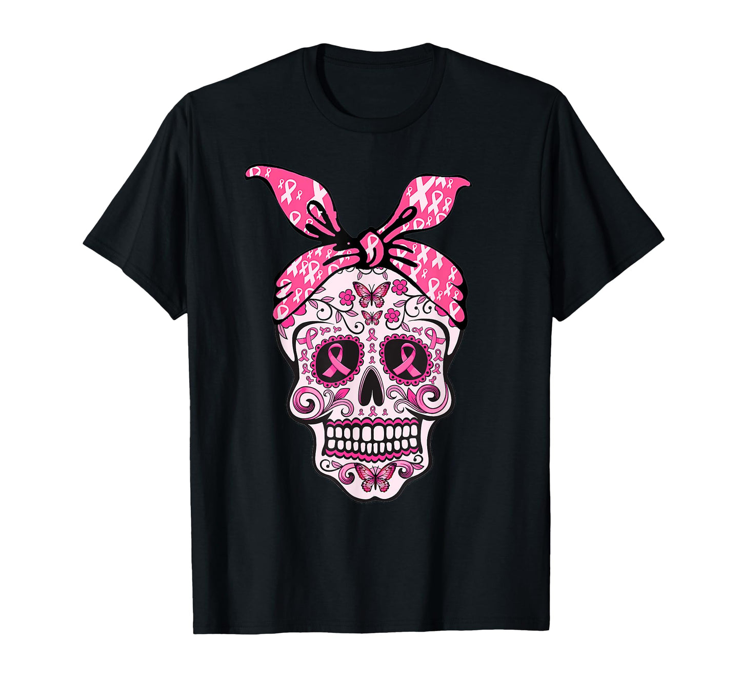 Sugar Skull Pink Ribbon Bandana Calavera Breast Cancer T-Shirt