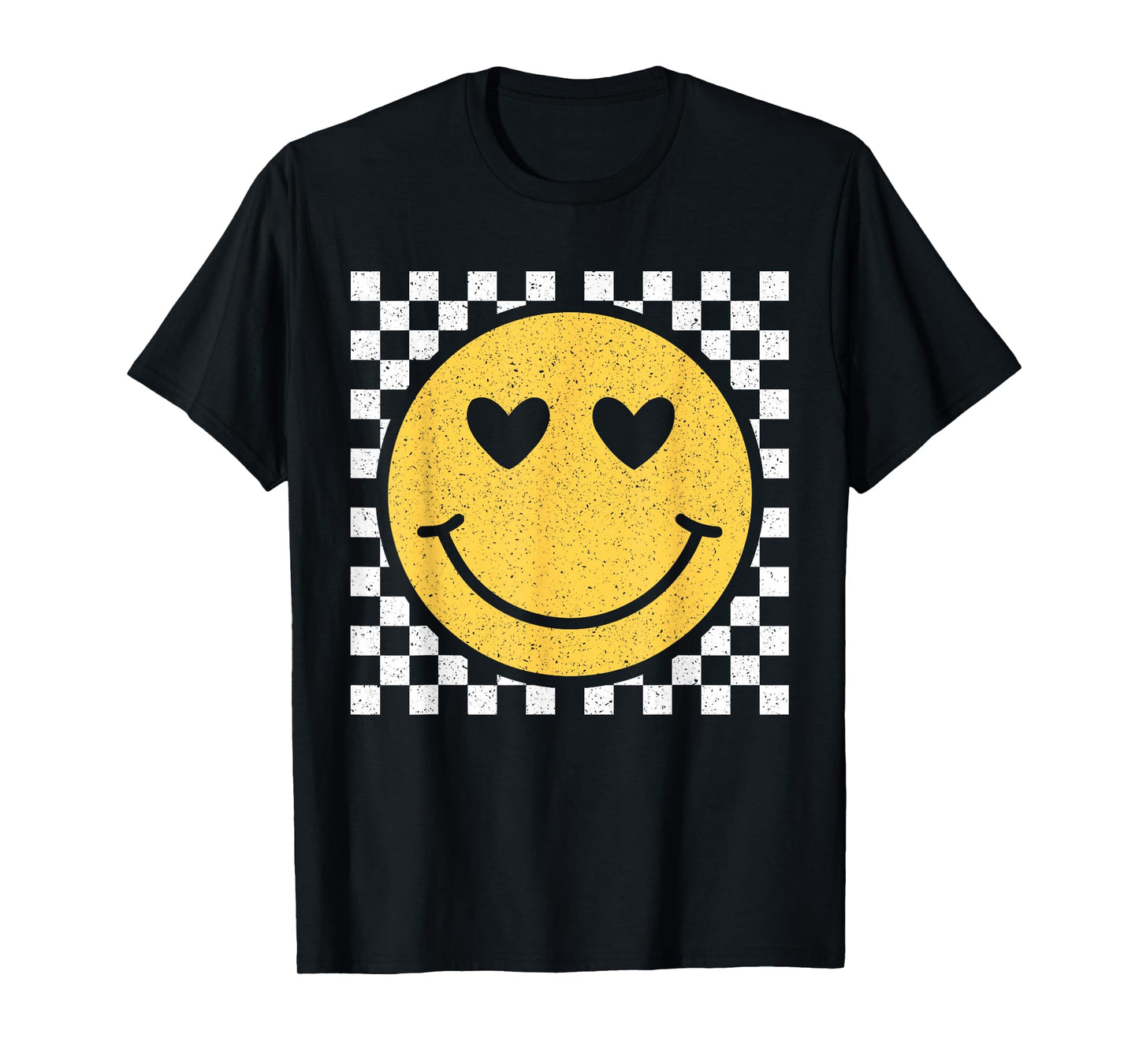 Retro Yellow Happy Face Checkered Pattern Smile Face Trendy T-Shirt