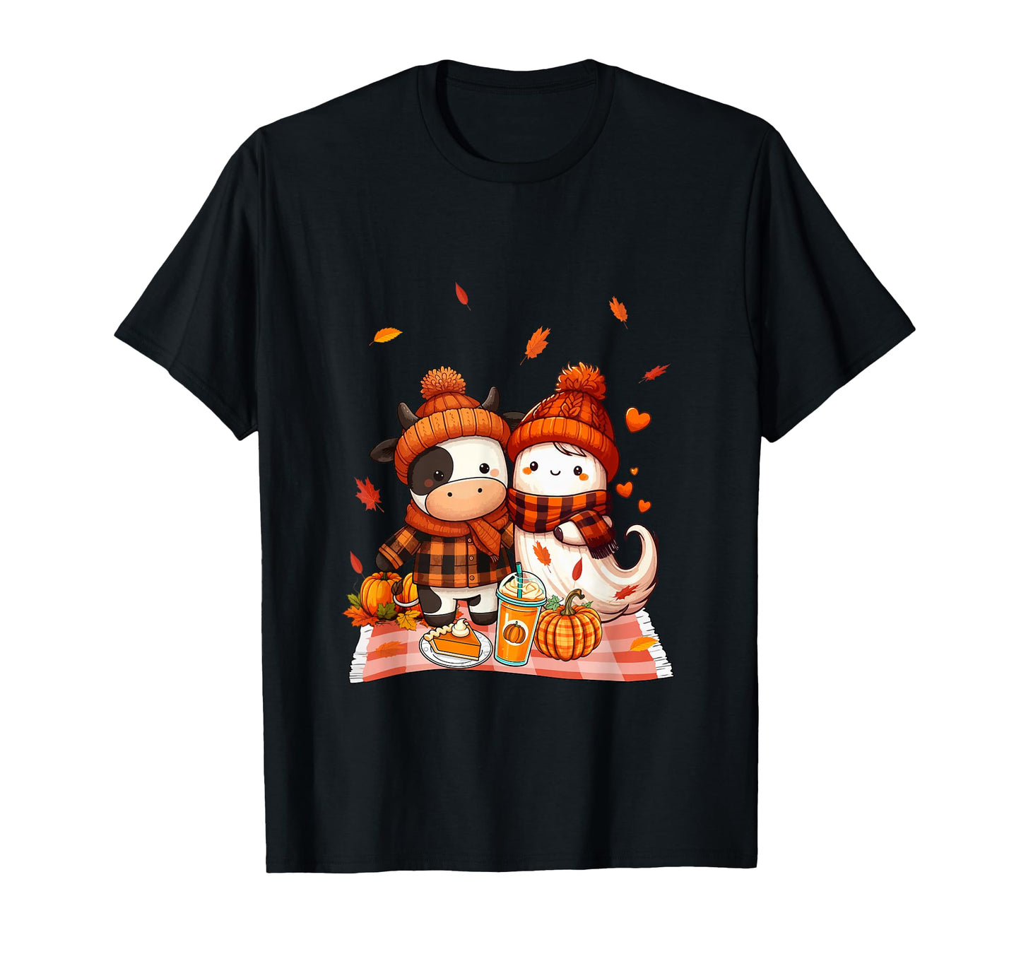 Cow with Boo Halloween Thanksgiving Fall Leaves Pumpkins T-Shirt
