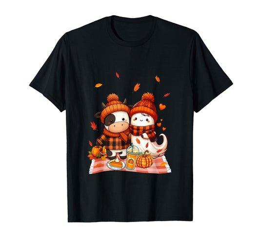 Cow with Boo Halloween Thanksgiving Fall Leaves Pumpkins T-Shirt