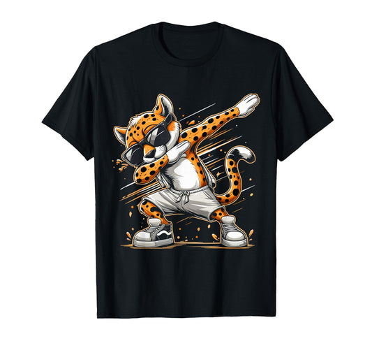 Dabbing Cheetah Wear Glasses Cute Funny Cheetah Animal T-Shirt, Small, Black
