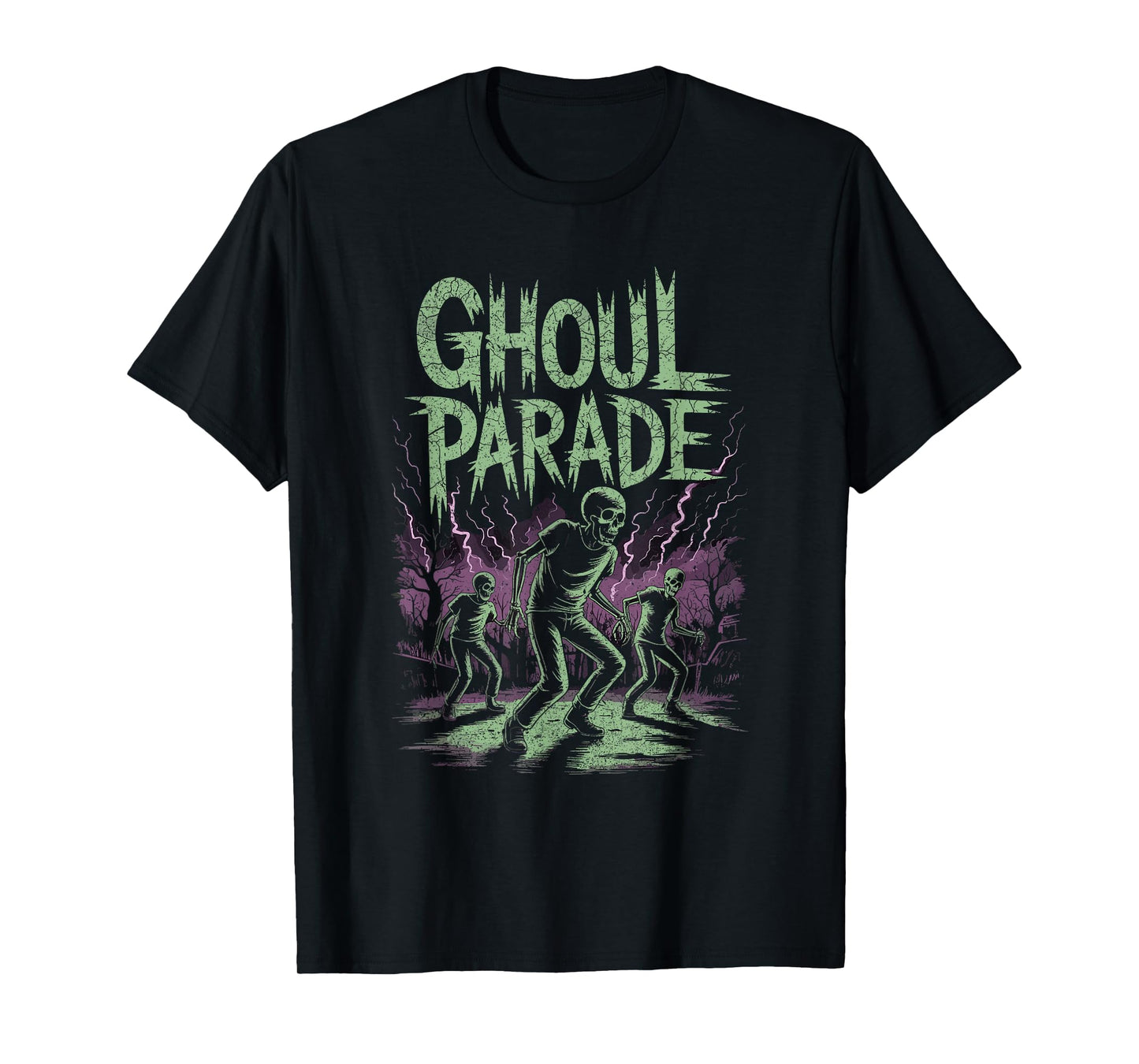 Dancing Skeleton Ghouls with Purple Lightning Halloween T-Shirt