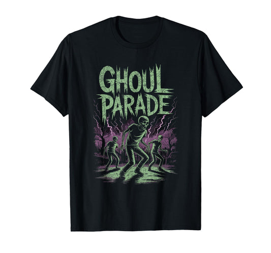 Dancing Skeleton Ghouls with Purple Lightning Halloween T-Shirt