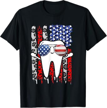 4th of July Dentist American Flag Leopard Print Dental Tooth T-Shirt