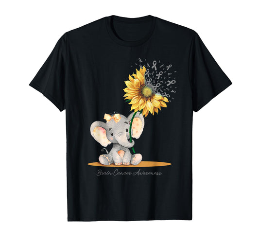 BRAIN CANCER AWARENESS Cute Elephant Sunflower Gray Ribbon T-Shirt