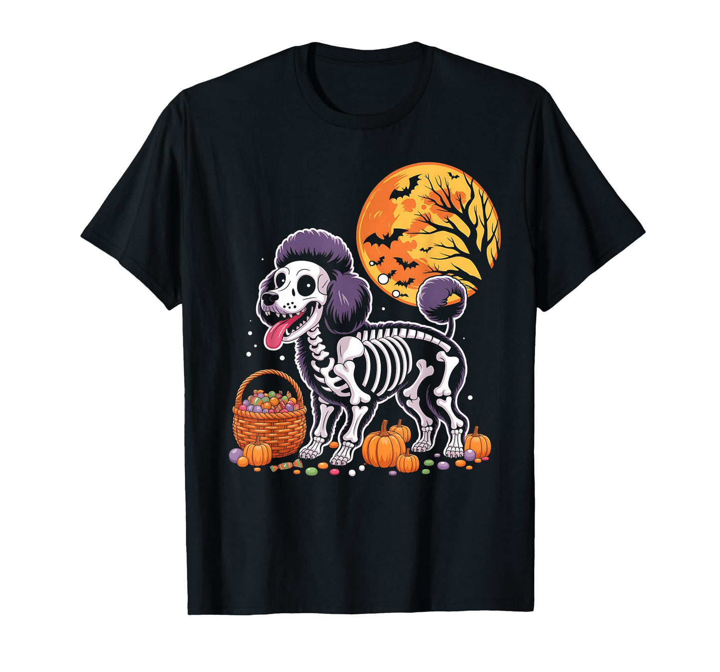 Miniature Poodle Dog Skeleton Scary Pumpkin Moon Halloween T-Shirt