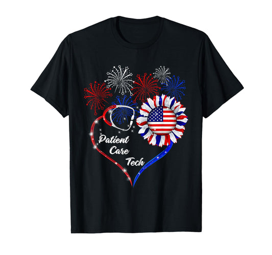 American Flag July 4th Firework Sunflower Patient Care Tech T-Shirt
