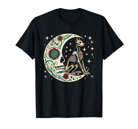 Dia De Los Muertos Halloween Moon Floral Skeleton Dobermann T-Shirt