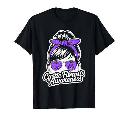Cystic Fibrosis Awareness Messy Hair Bun Purple Ribbon T-Shirt