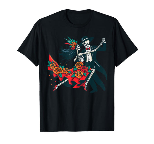 Dia De Los Muertos Couple Costume, Roses Dancing Skeleton T-Shirt