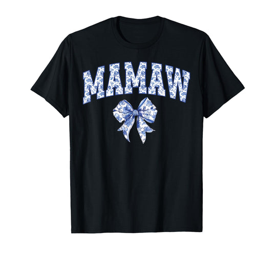Mamaw Coquette Toile Blue Bow Floral Family Matching T-Shirt