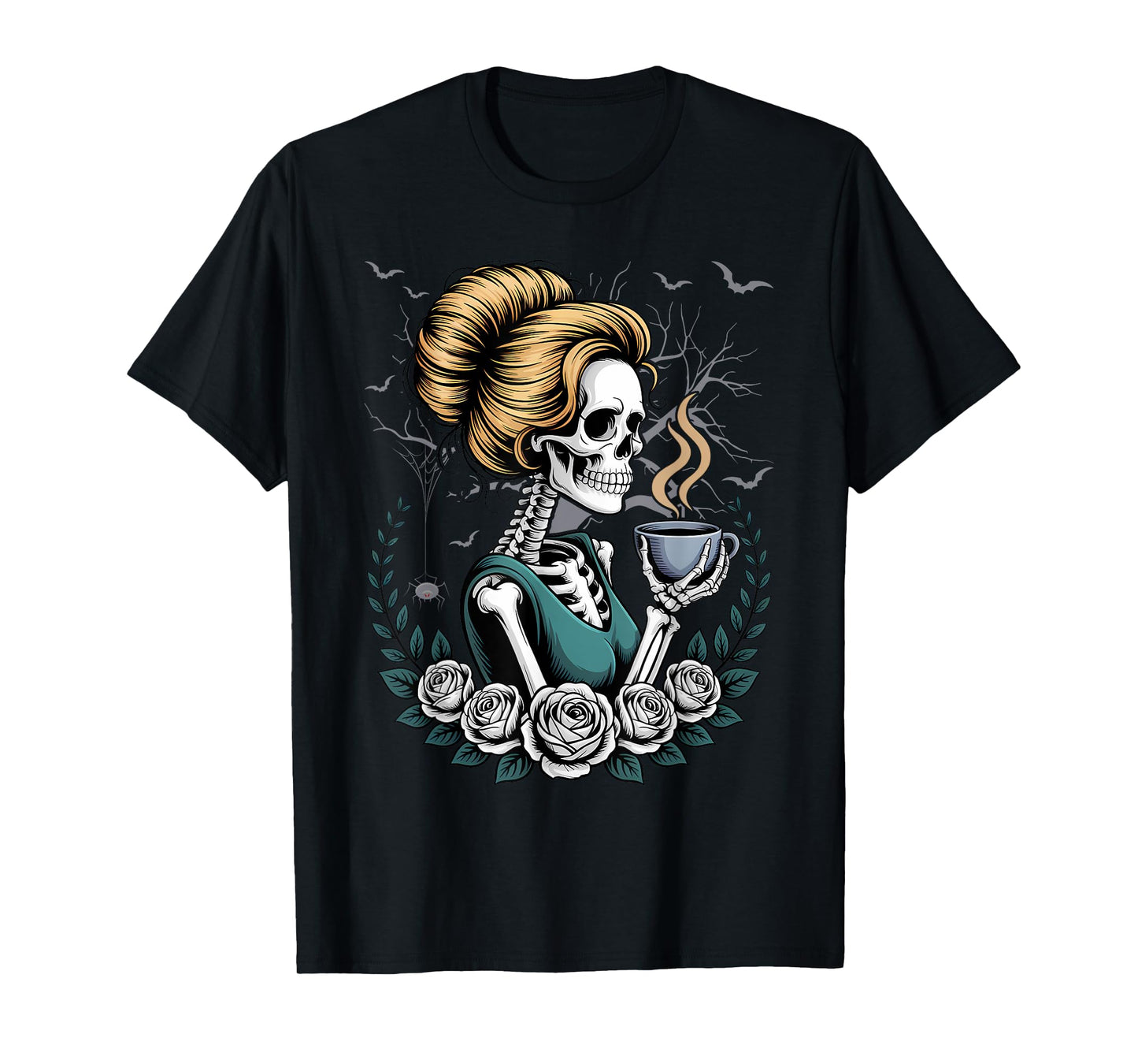 Messy Bun Skeleton Drinking Coffee Vintage Halloween Funny T-Shirt