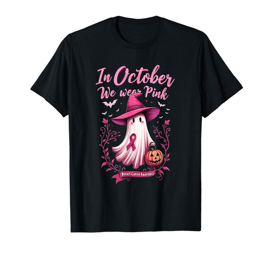 Cute We Wear Pink Ghost Witch Hat Breast Cancer Awareness T-Shirt