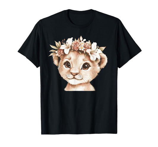 Cute Lion Cub With Flower Crown Illustration T-Shirt