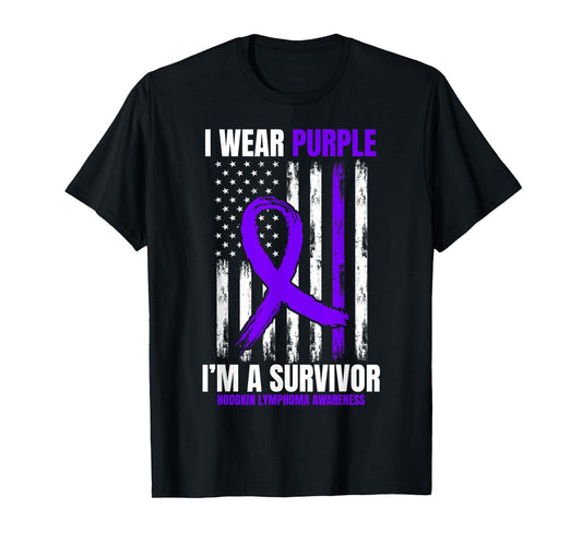 I Wear Purple Hodgkins Lymphoma Survivor Gifts American Flag T-Shirt for Women Kids Men