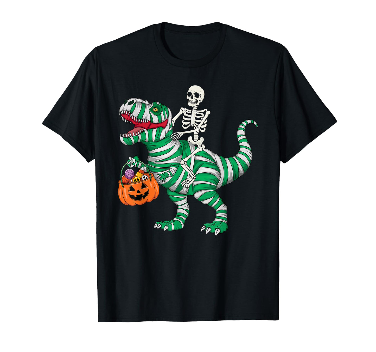 Skeleton Riding Dinosaur T-Rex Halloween Funny Pumpkin T-Shirt