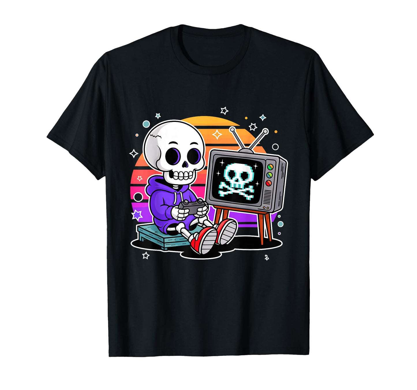 Halloween Gamer Skeleton Pixel Skull Retro Gaming T-Shirt