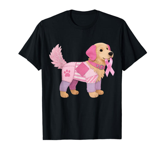 Dog Patchwork Pink Ribbon Breast Cancer Awareness T-Shirt