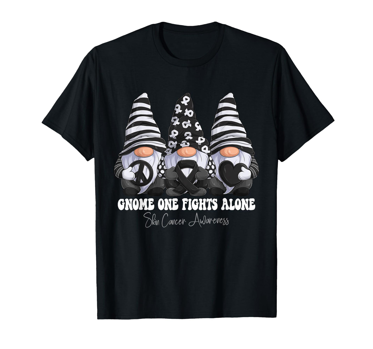 Skin Cancer Awareness Month Black Ribbon Gnomies Support T-Shirt