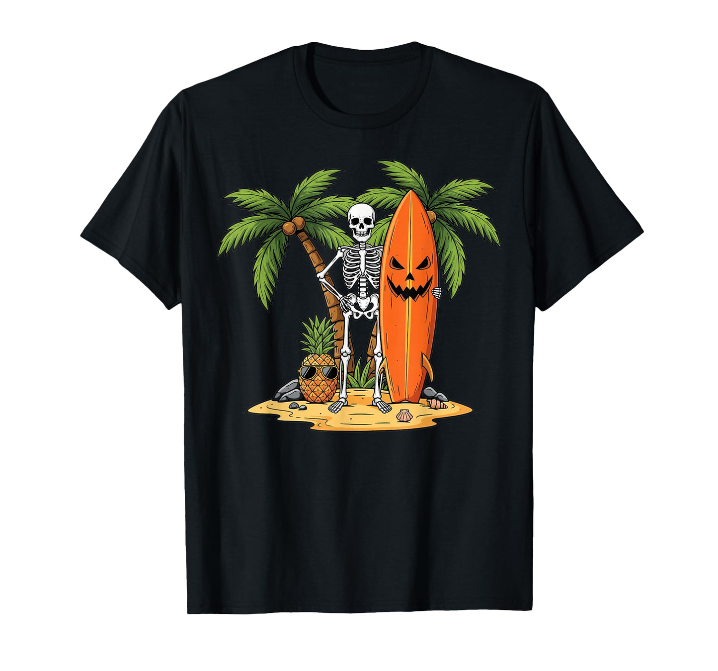 Halloween Skeleton Surfing Pumpkin Beach Design T-Shirt