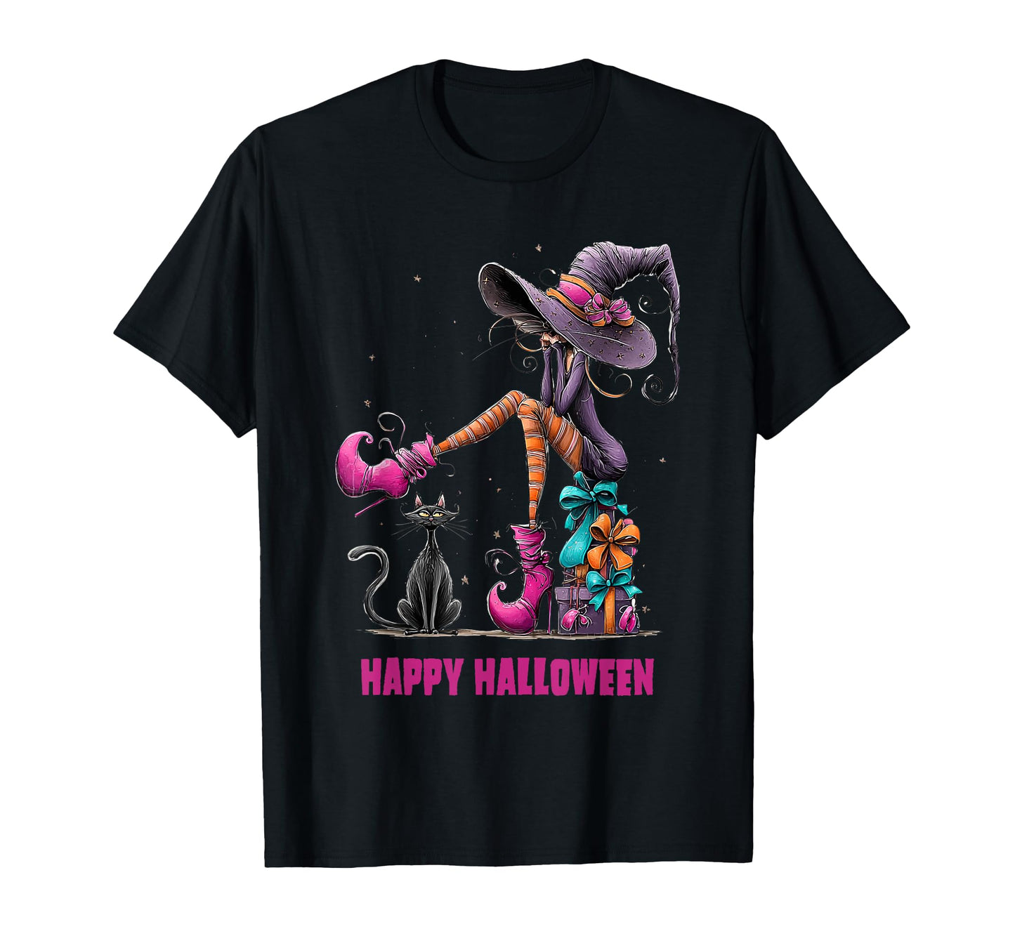 Spooky Witch High Heels with Black Cat Halloween Pumpkin T-Shirt
