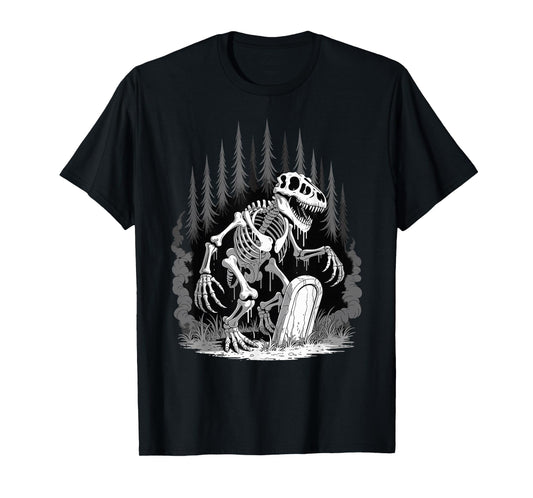 Dinosaur Skeleton in Haunted Forest Fantasy Horror Halloween T-Shirt