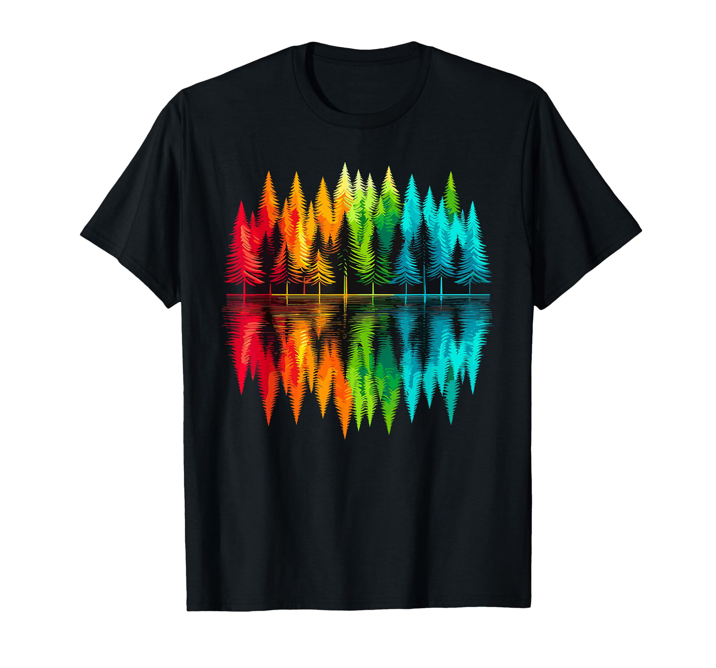 Colorful Trees Nature Landscape Unisex-Adults T-Shirt, Black, Small, Short Sleeve, Polyester 100%, Nature Themed, Outdoor Adventure