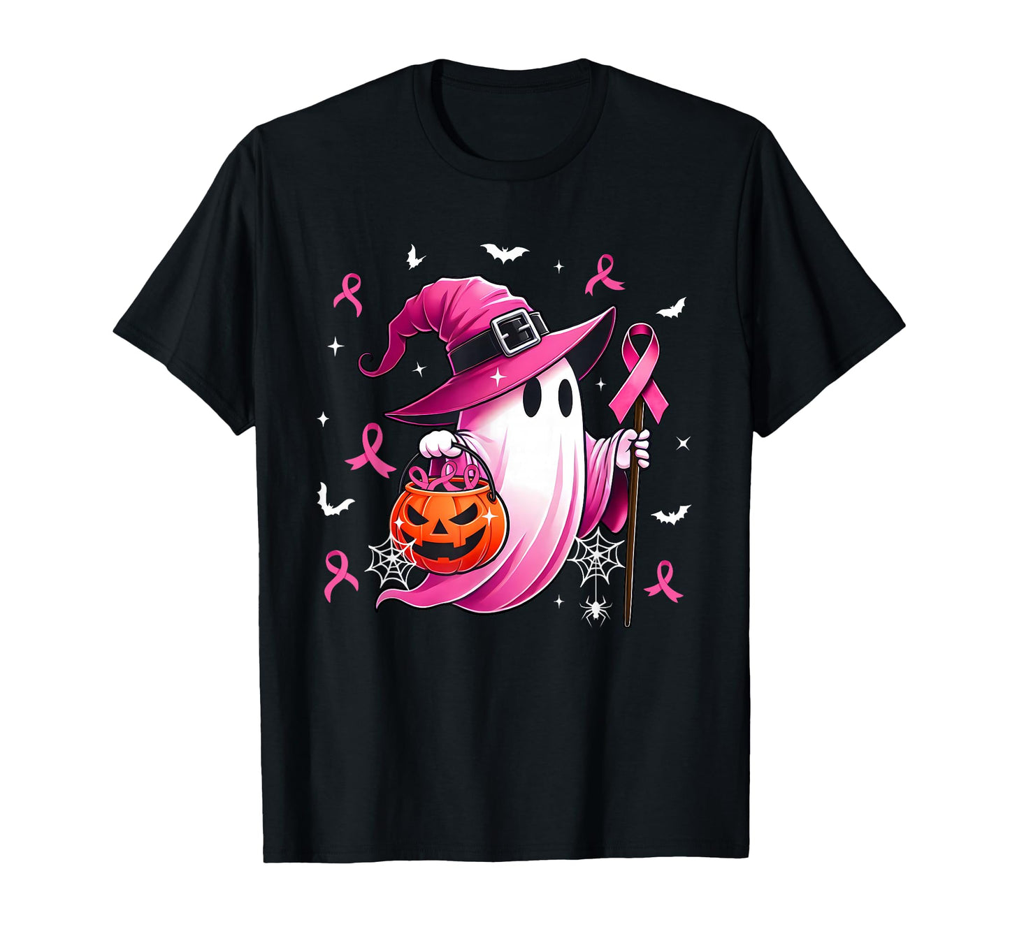 Halloween Pink Ghost Witch Breast Cancer Awareness Women T-Shirt