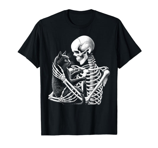 Skeleton Holding A Cat Funny Lazy Halloween Costume Skull T-Shirt