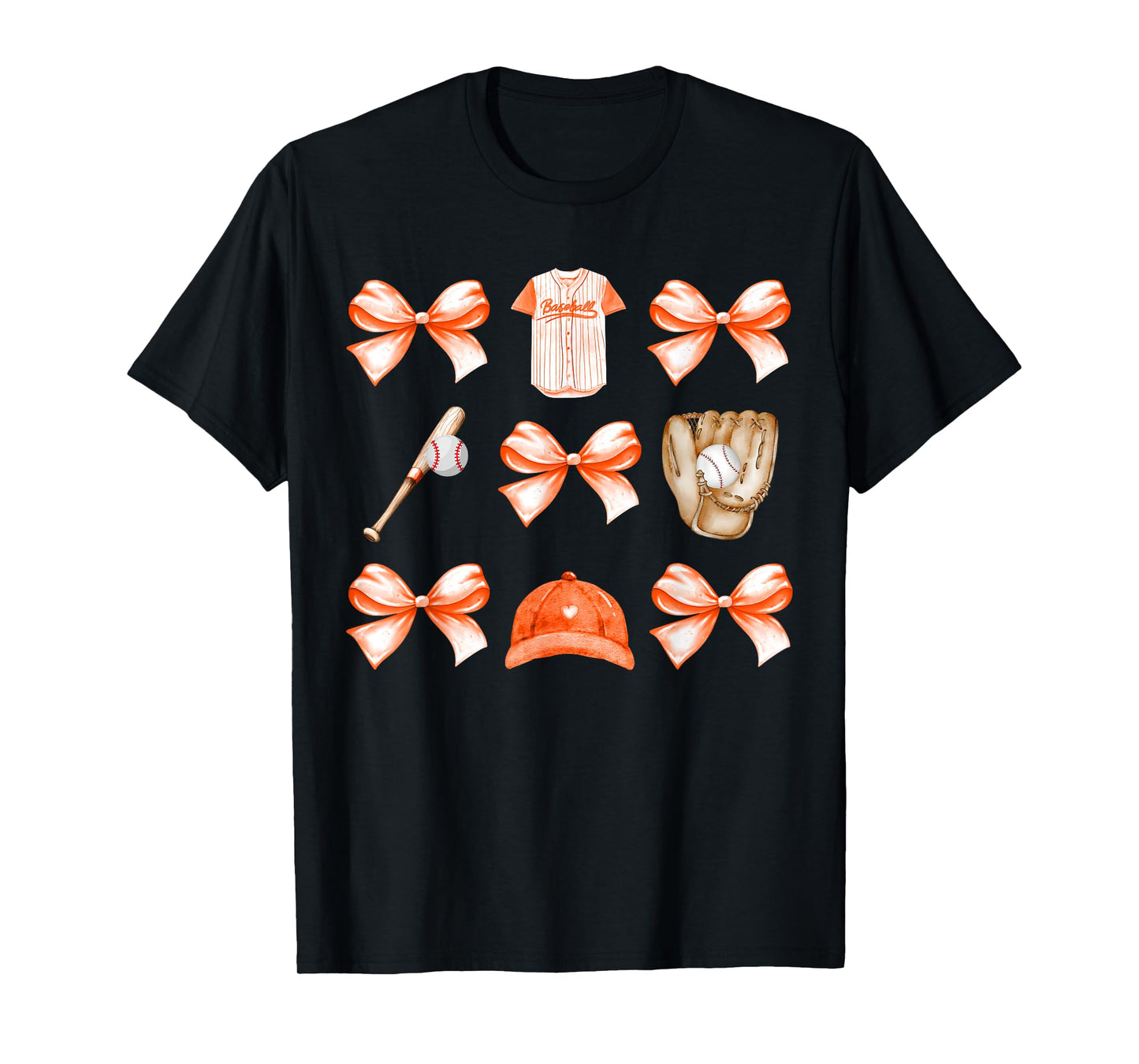 Baseball Game Day Orange Coquette Bow Baseball Mom Retro T-Shirt