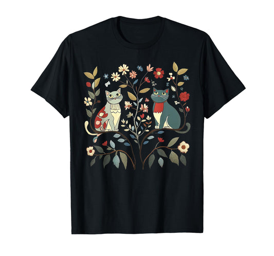 Cottagecore Scandinavian Folk Art Cats And Flowers Cat Mom T-Shirt