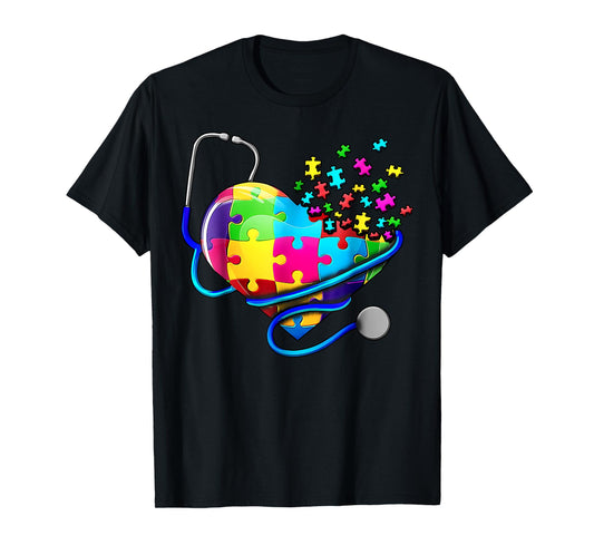 Autism Awareness Nurse Stethoscope Heart ASD Scrub Top Women T-Shirt
