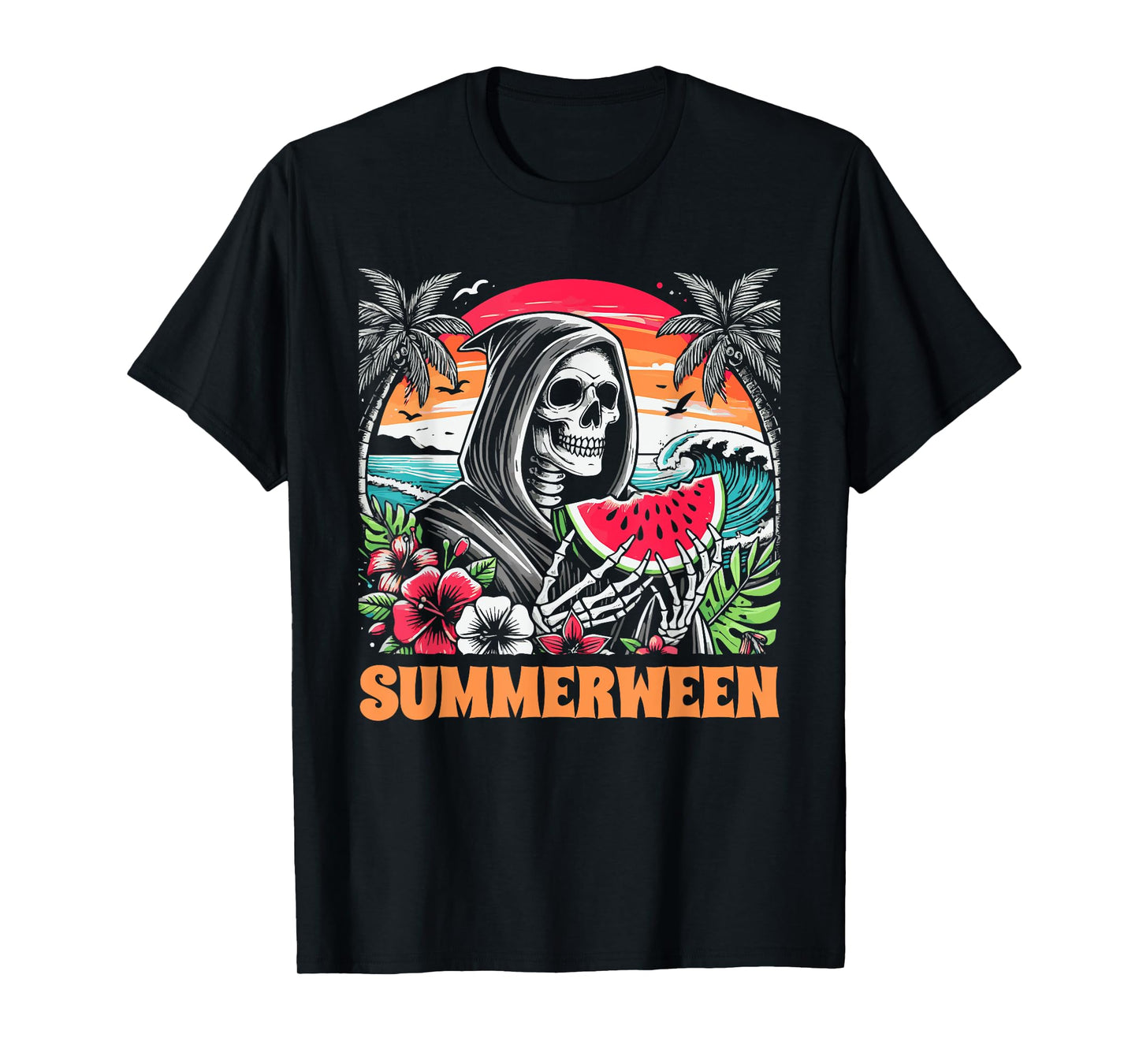 Summerween Skeleton Tropical Beach Scene T-Shirt