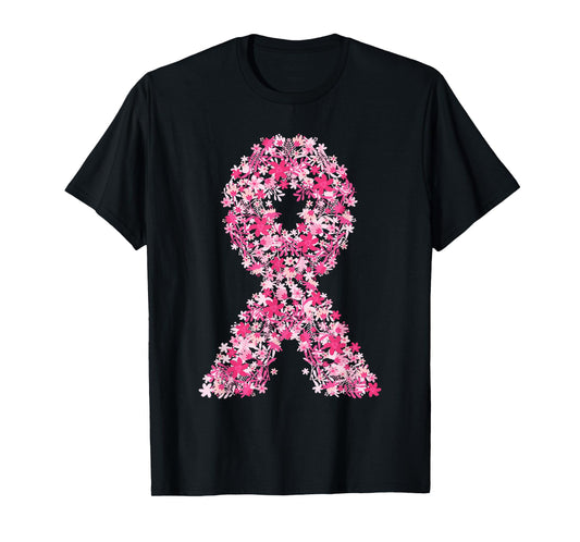 Breast Cancer Pink Ribbon Floral Flower Cute Awareness Gifts T-Shirt