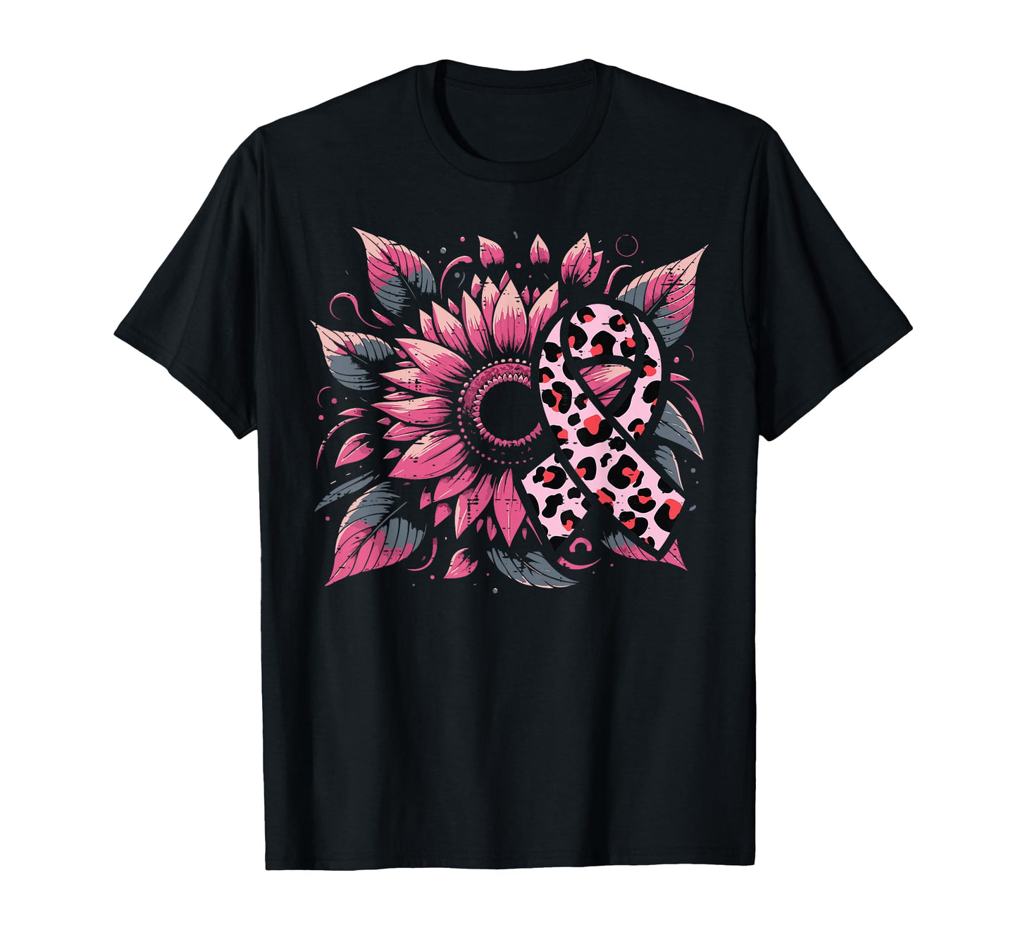 Breast Cancer Leopard Ribbon Sunflower Aware Women Men Kids T-Shirt