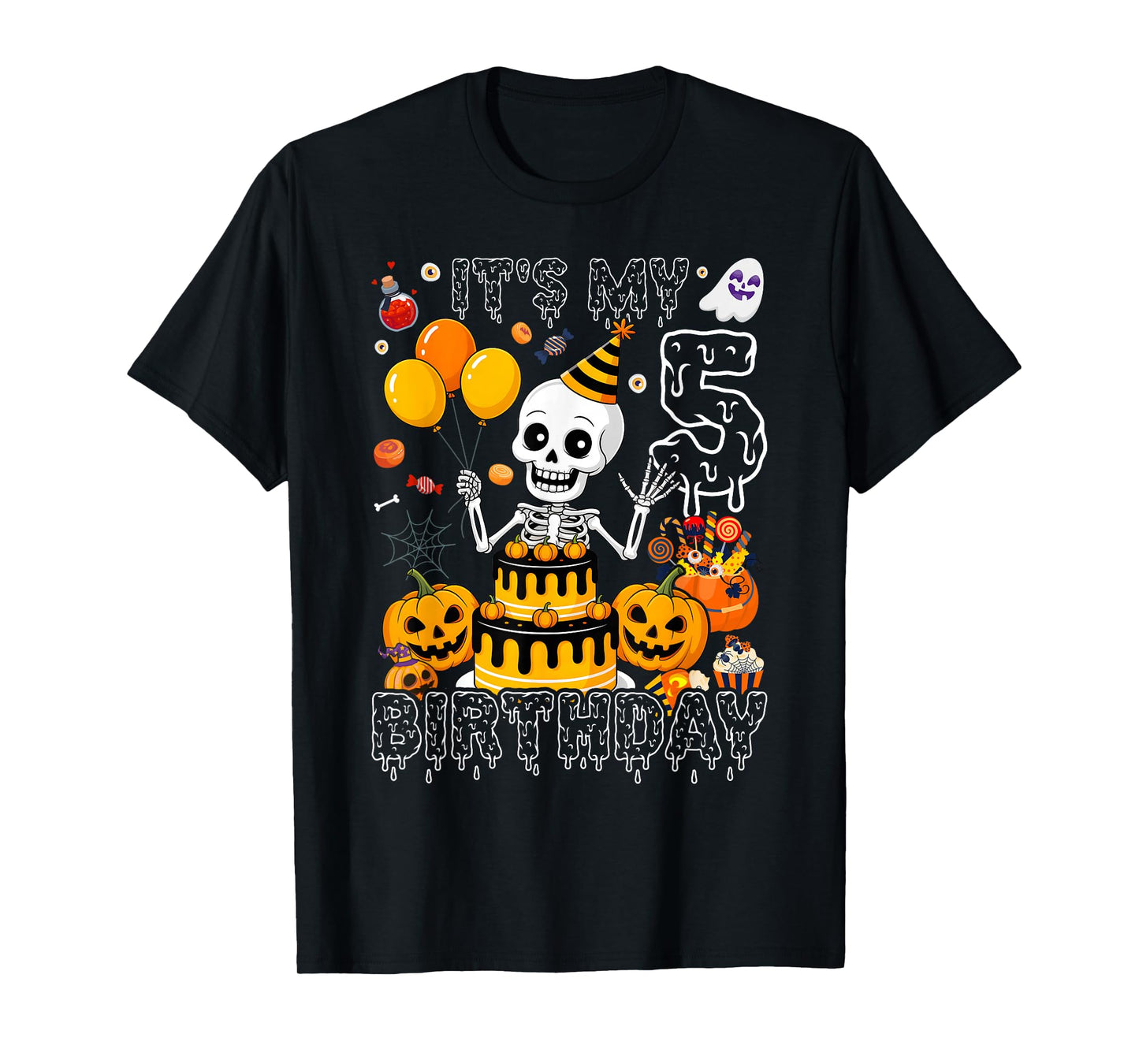 Kids Boo It's My 5th Birthday Halloween Skeleton 5 Years Old T-Shirt