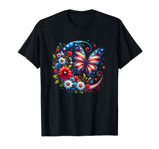 American Flag Red White Blue Butterfly Design T-Shirt