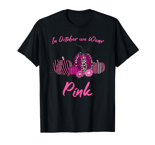 In October We Wear Pink Breast Cancer, Leopard Plaid Pumpkin T-Shirt