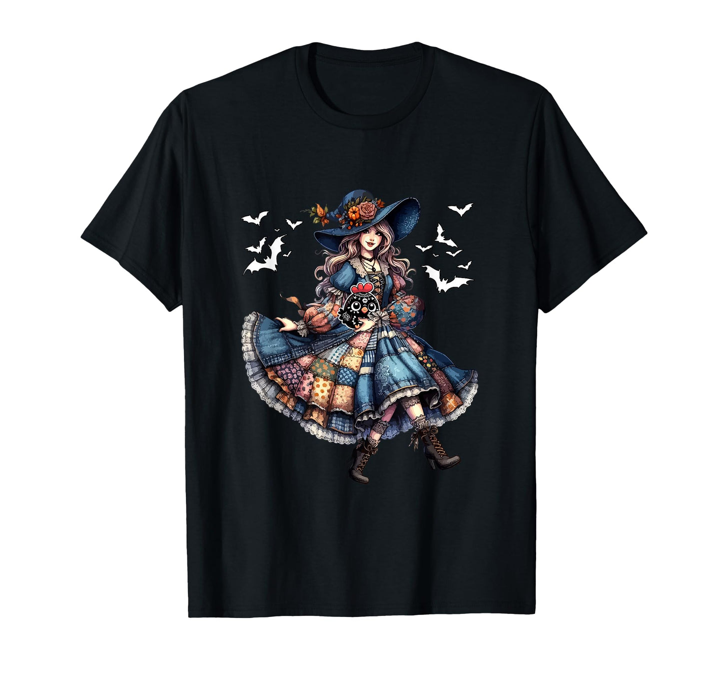 Floral Witch Hugging Chicken Cosplay Skeleton Halloween T-Shirt