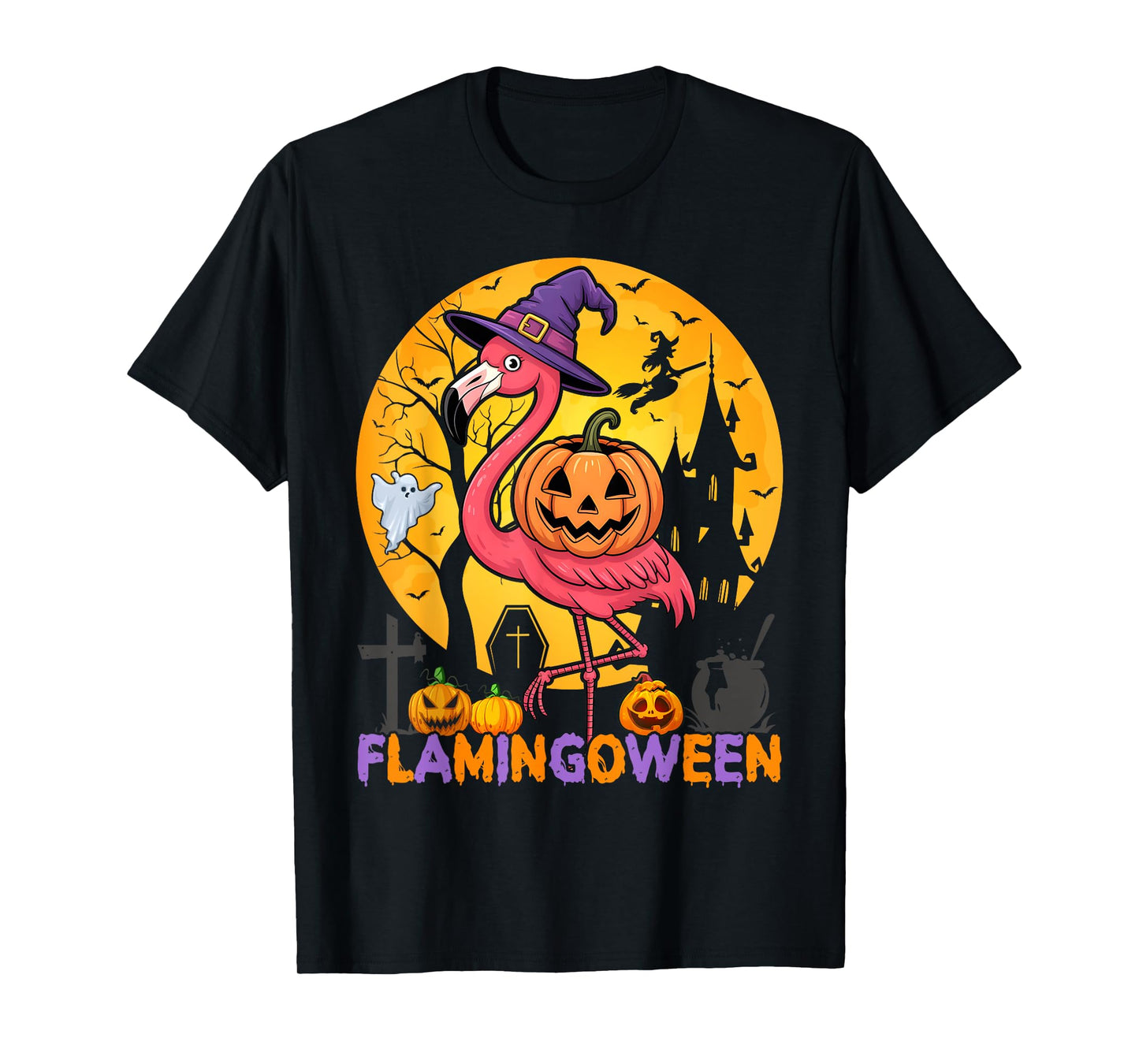 Happy Flamingoween Pink Flamingo Halloween Skeleton Spooky T-Shirt