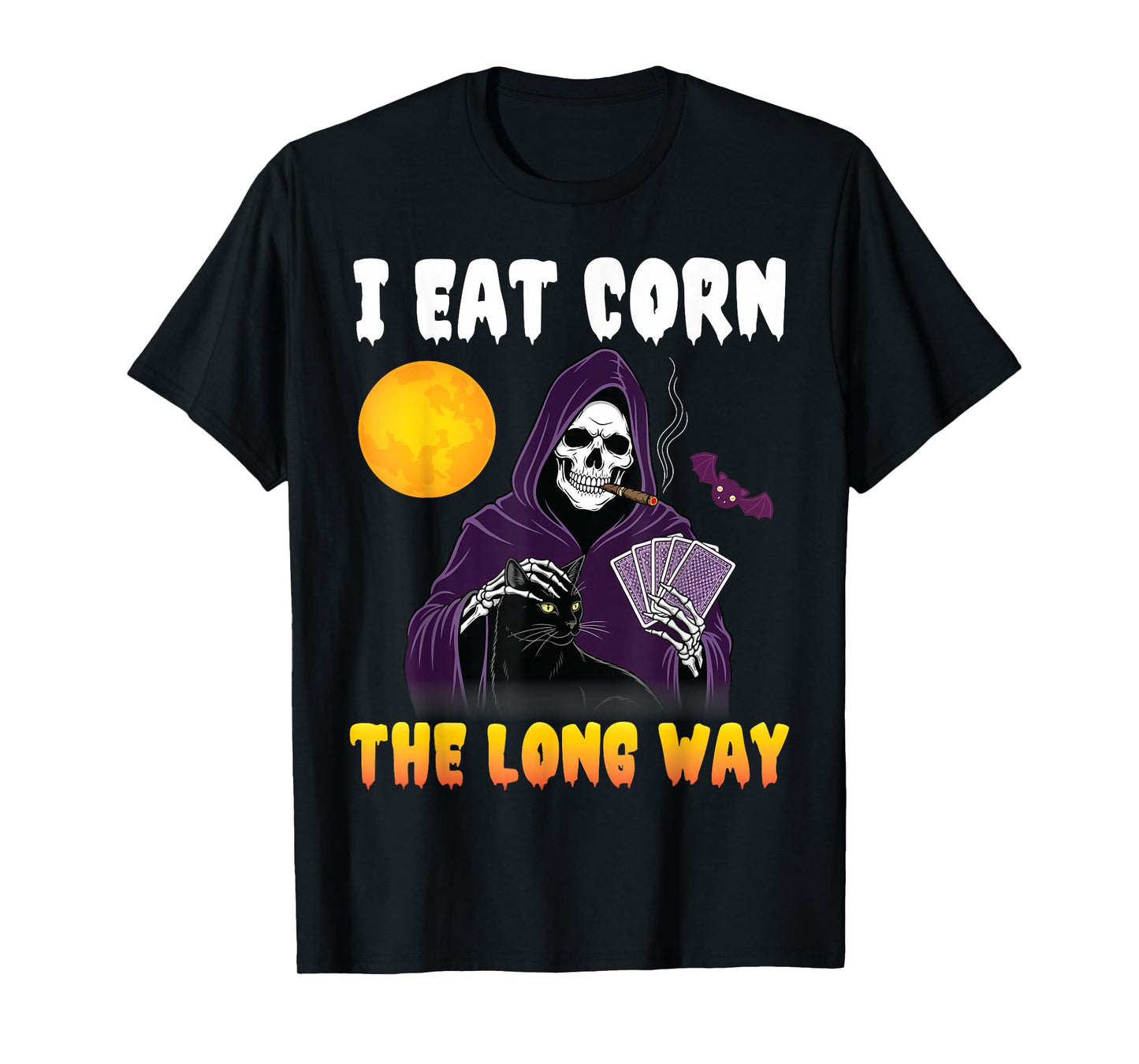 I Eat Corn The Long Way Grim Reaper with Black Cat Funny T-Shirt