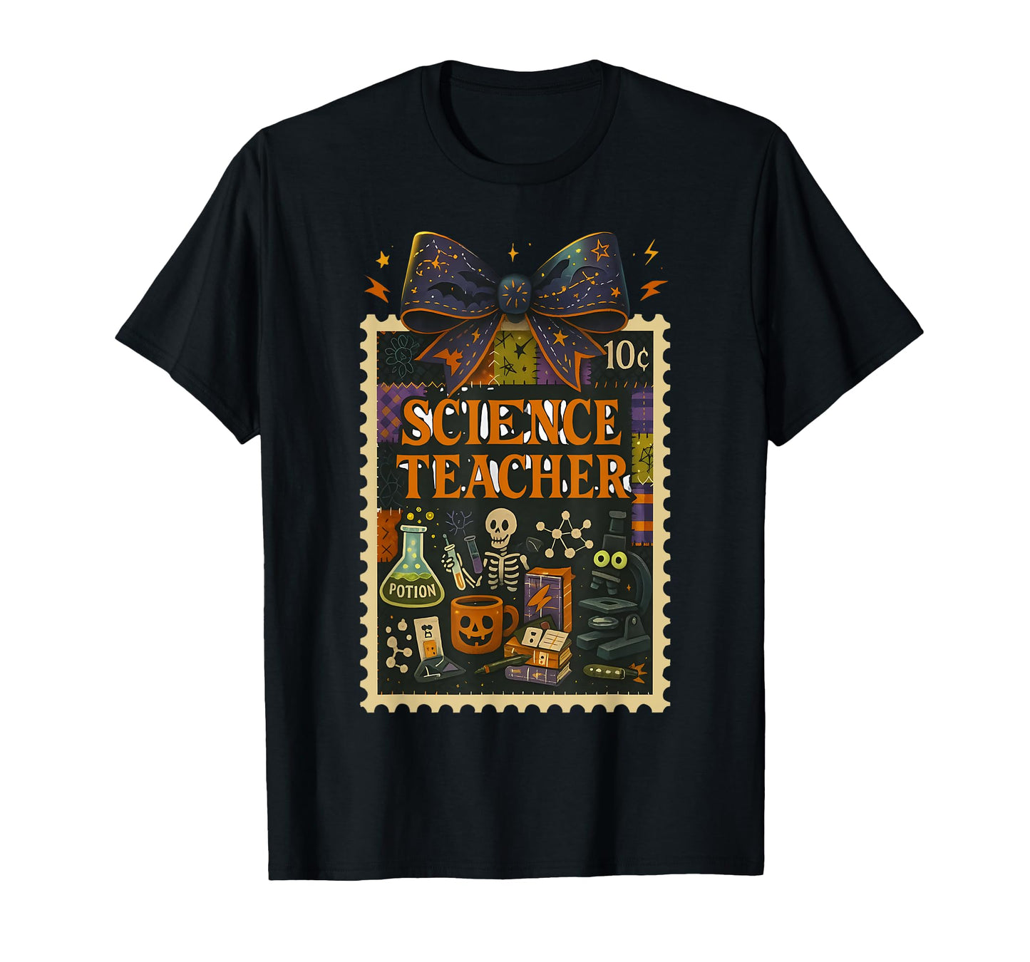 Science Teacher Skeleton Halloween Spooky STEM Classroom Bow T-Shirt