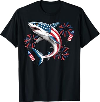 Shark USA American Flag 4th of July Funny Boys Girls Kids T-Shirt