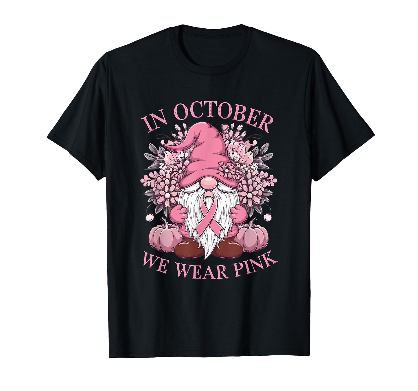 In October We Wear Pink Ribbon Gnome Fall Halloween T-Shirt