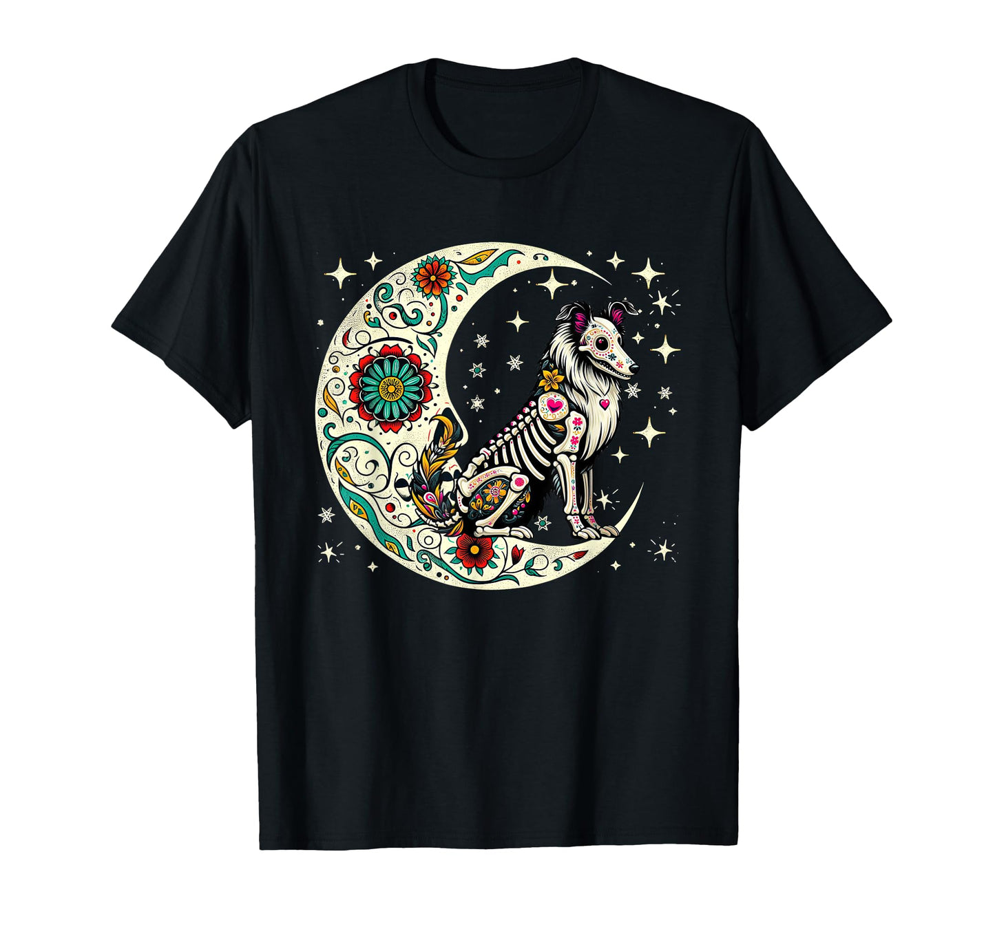 Dia De Los Muertos Halloween Moon Floral Skeleton Sheltie T-Shirt