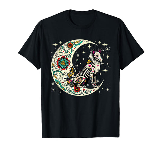 Dia De Los Muertos Halloween Moon Floral Skeleton Sheltie T-Shirt