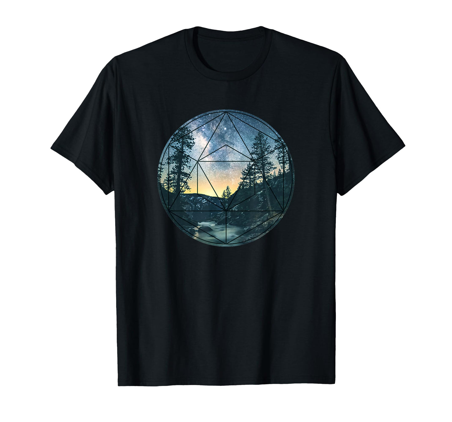 mens Sacred Geometry Meets Nature Outdoor Mountains & Galaxy T-Shirt