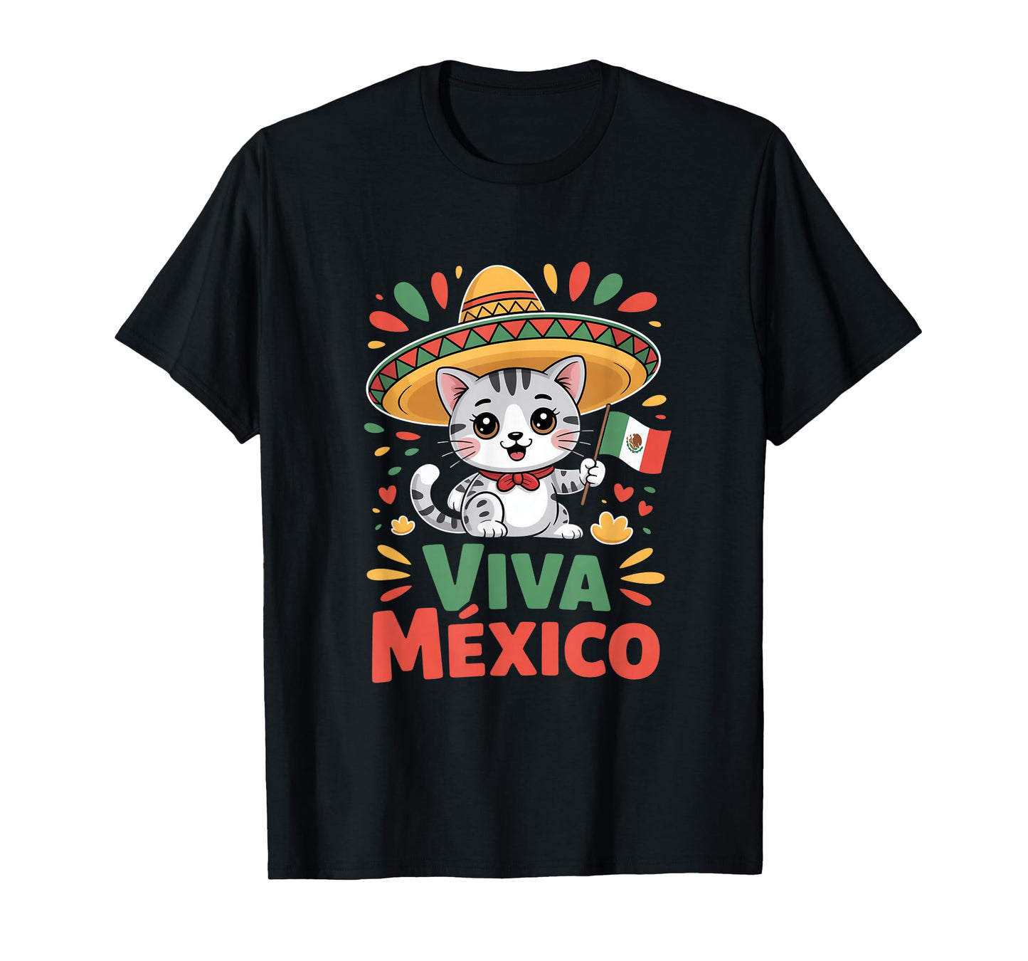 Viva Mexico Cute Cat Sombrero Mexican Flag Independence Day T-Shirt