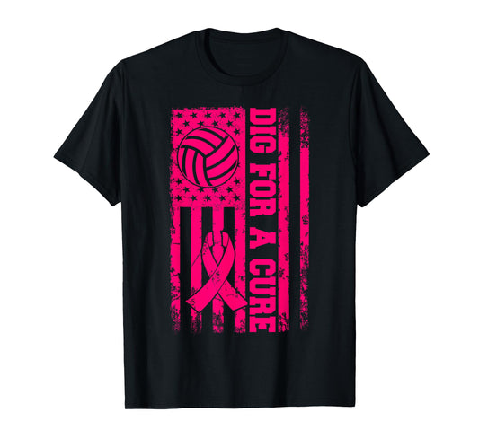 Dig For A Cure Breast Cancer Volleyball Pink American Flag T-Shirt