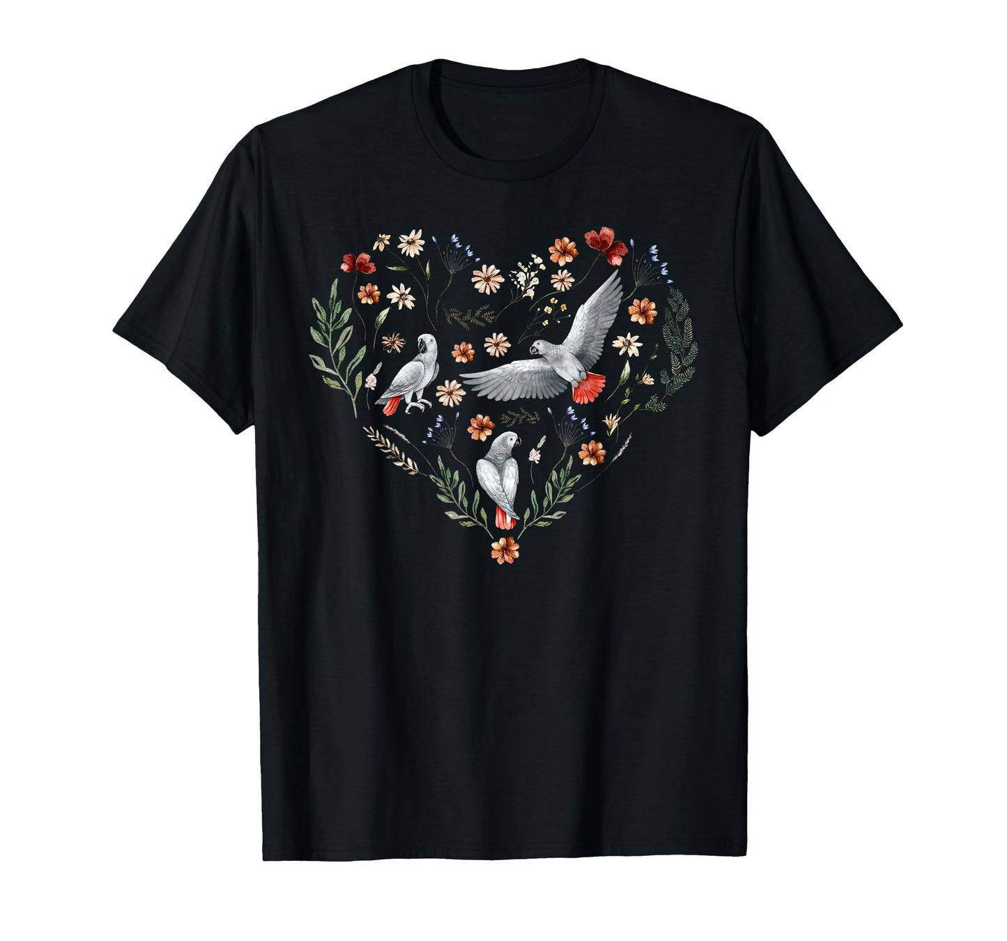 African Grey Parrot Flower Heart Nature Bird Lover Women Kid T-Shirt